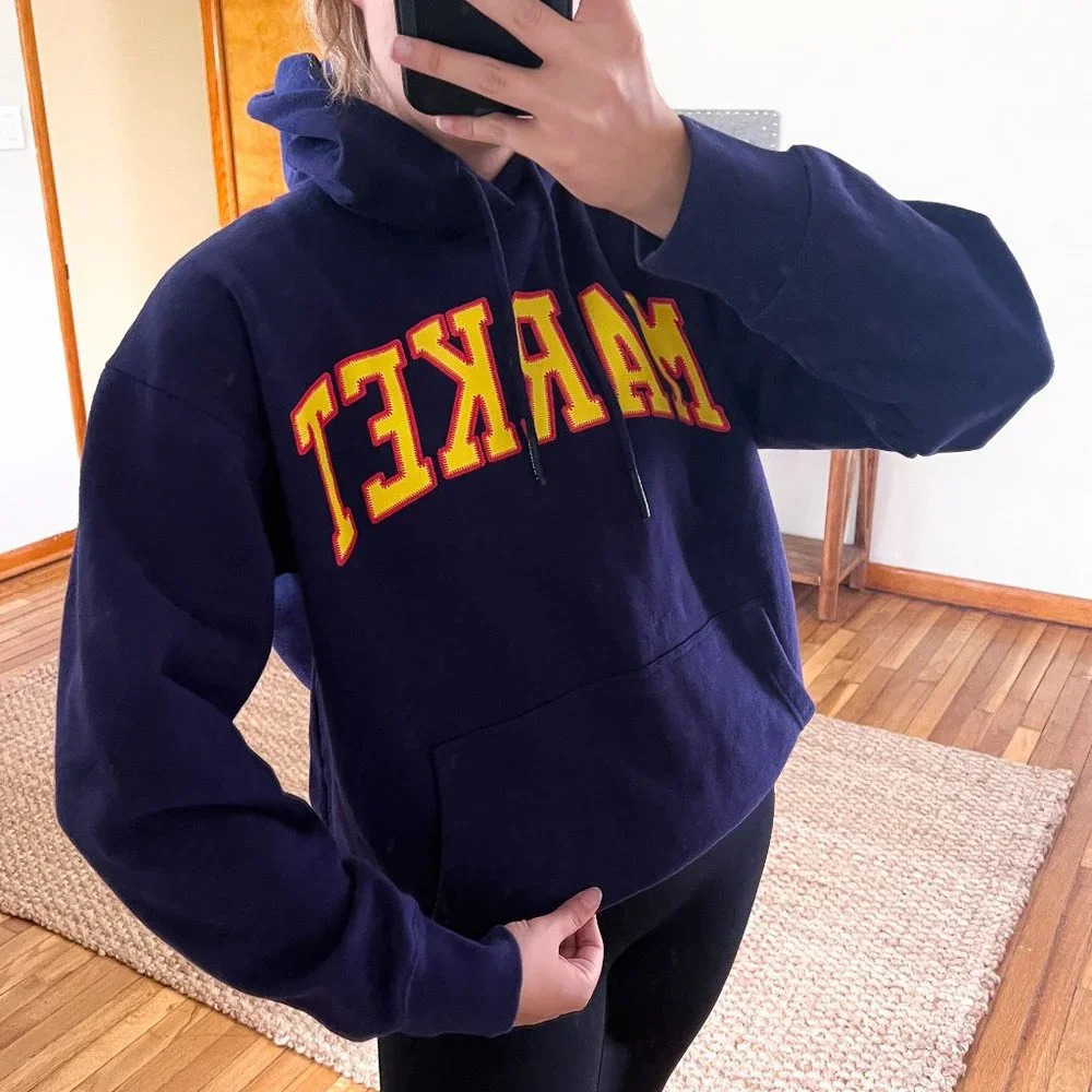 Market Navy Graphic Streetwear Loungewear Casual Hooded Sweatshirt Hoodie L NWT